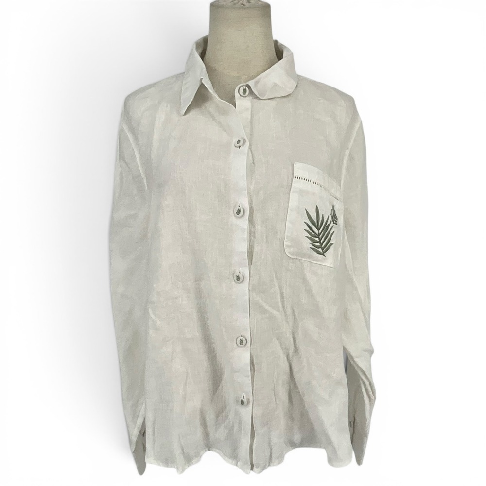 Calypso St Barth Womens XL White Linen Embroidered Palm Leaf Button Down Shirt - Picture 1 of 9